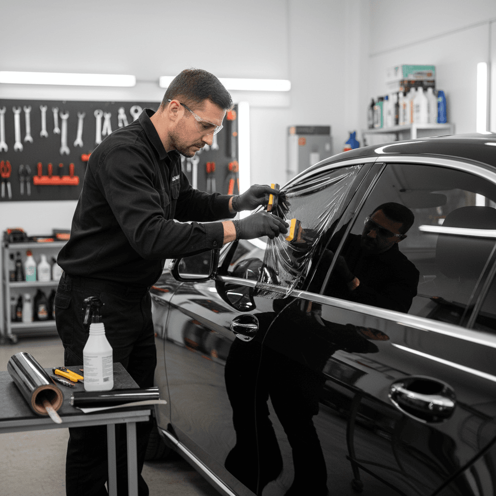 Technician applying tint film to a car window