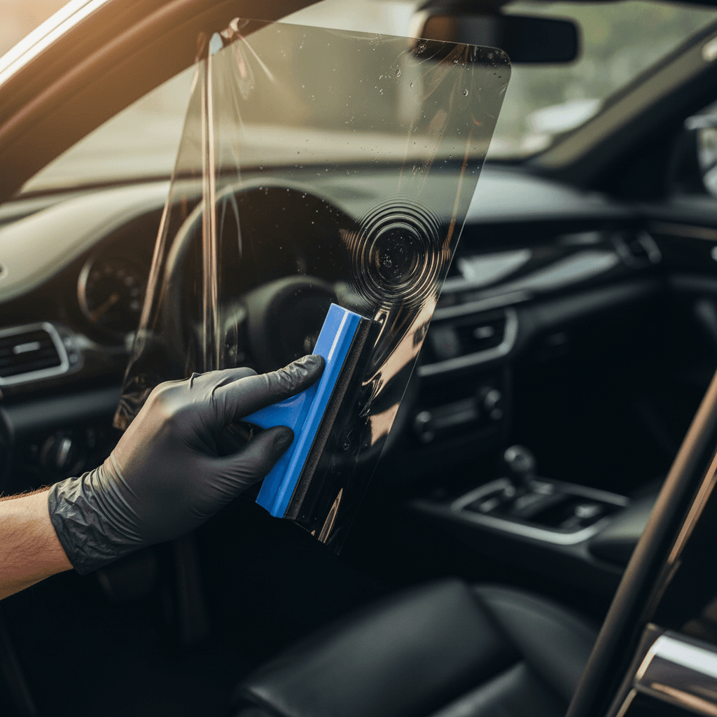 Professional installer applying window tint film to a car window