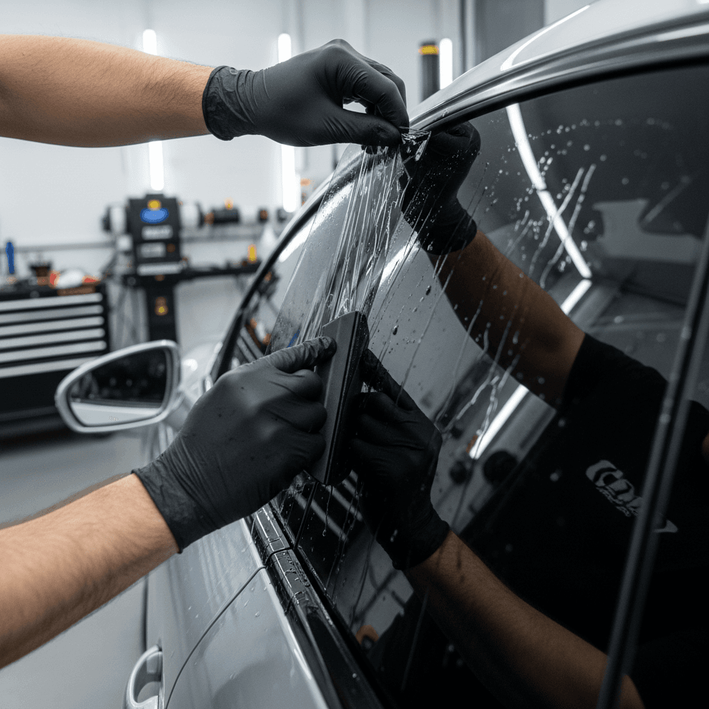 Window tint installer smoothing film on a car window